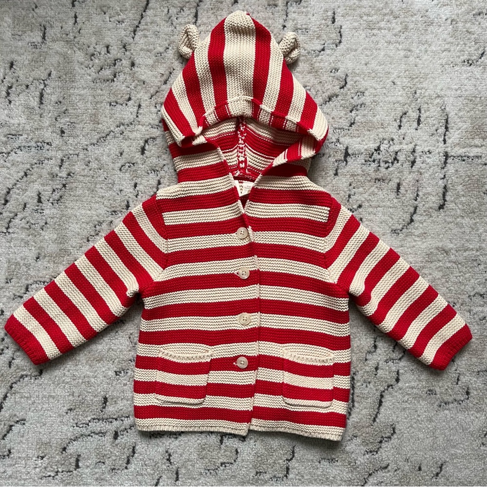 Baby GAP Red and Cream Striped Baby Bear Cardigan